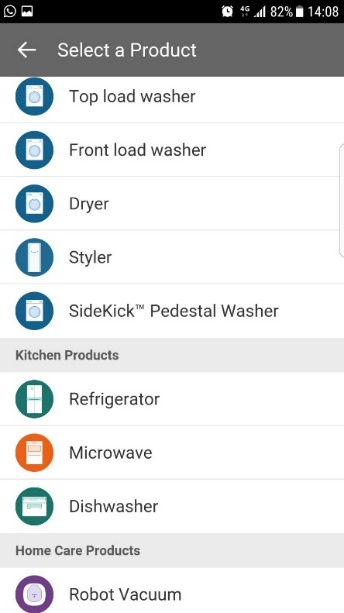 A lista de produtos inteligentes que a LG nos permite controlar, por exemplo: Geladeira, máquina de lavar e aspirador