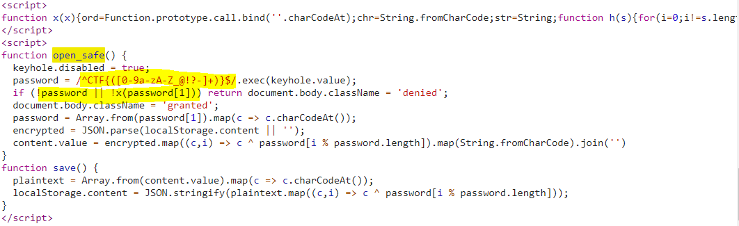 O código-fonte da função open_safe que executa a função x após receber uma senha