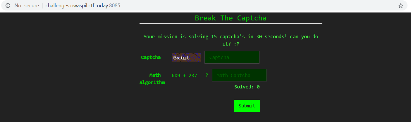 Simples exercício matemático e campo para inserir captcha